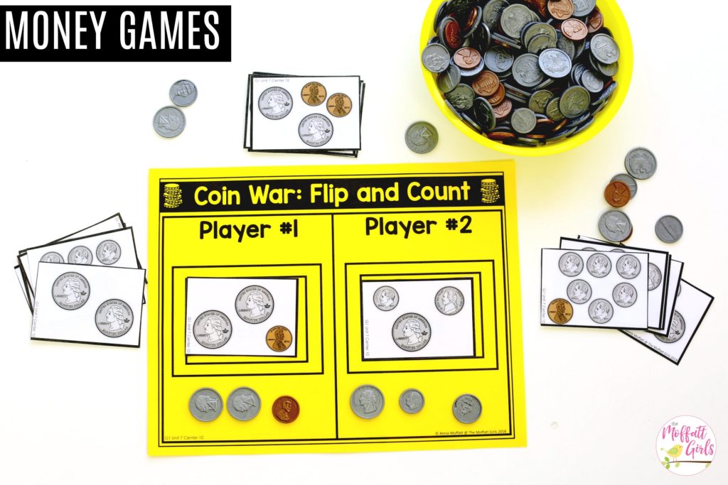 Coin War: Flip and Count- Compare values of coins in this fun version of war. Fun math center for first grade!
