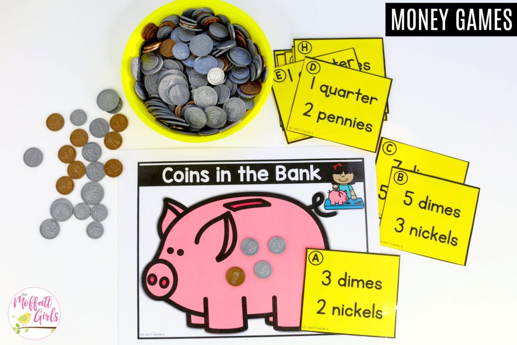 Coins in the Bank- Flip a card use the coins to show the value. Fun money math center for 1st grade!