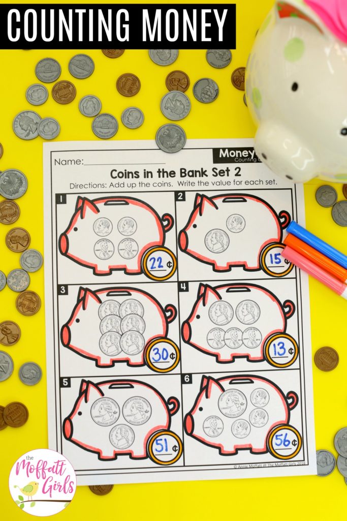 Coins in the Bank- Counting money in first grade made fun!  TONS of math centers and worksheets!
