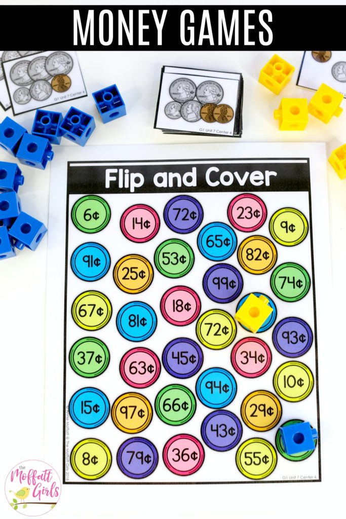 Counting Coins: Flip and Cover- Flip a card, add the coins and cover the value that matches. Fun money math center for First Grade!