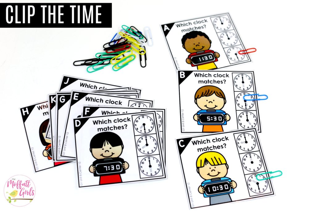 Telling Time: Clip the Clock- Teaching time to the half hour in First Grade is be fun and engaging with these hands-on math centers and practice sheets for 1st Grade!