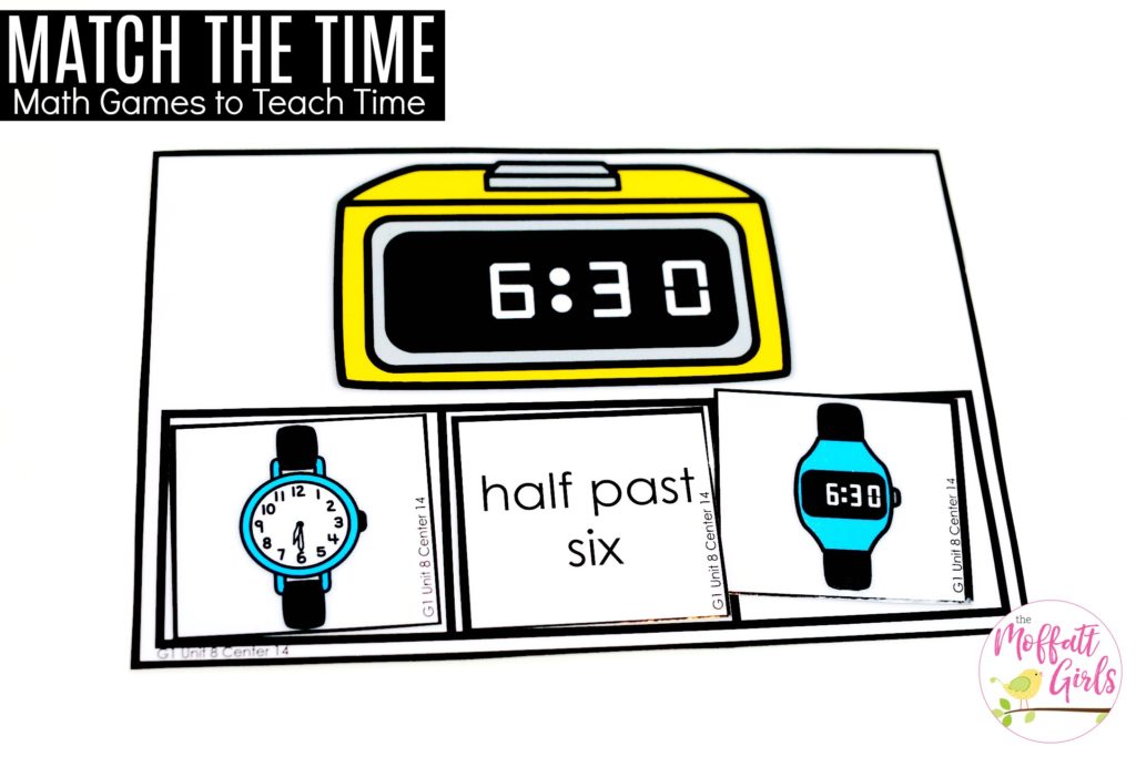Telling Time: Match the Times- Teaching time to the half hour in First Grade is be fun and engaging with these hands-on math centers and practice sheets for 1st Grade!