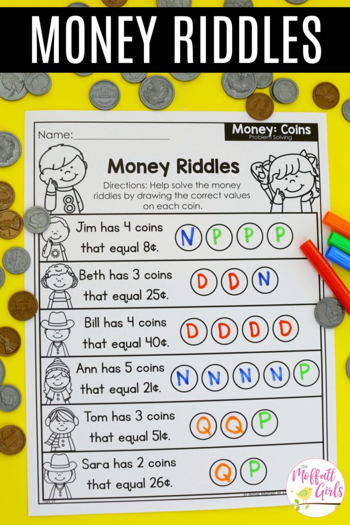 Money Riddles- Solve the riddles by deciding which coins are needed to match the value.