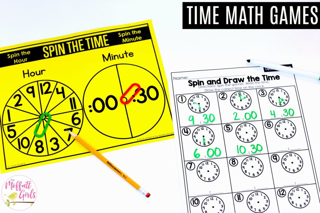 Spin the Time to the Half Hour- Teaching time to the half hour in First Grade is be fun and engaging with these hands-on math centers and practice sheets for 1st Grade!