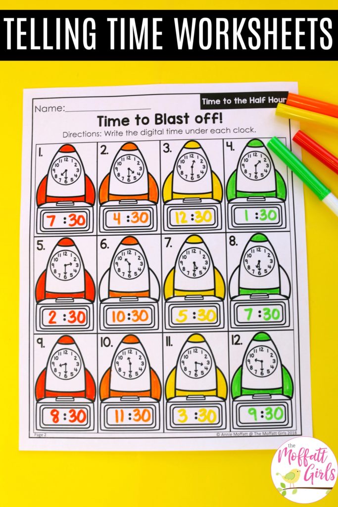 Telling Time Worksheets- Teaching time to the half hour in First Grade is be fun and engaging with these hands-on math centers and practice sheets for 1st Grade!