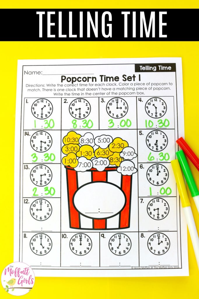 Telling Time Worksheets- Teaching time to the half hour in First Grade is be fun and engaging with these hands-on math centers and practice sheets for 1st Grade!