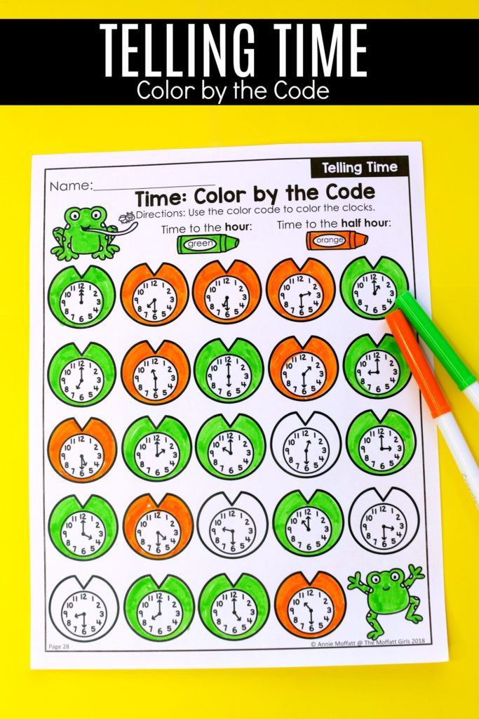 Telling Time Worksheets- Color by the Code. Teaching time to the half hour in First Grade is be fun and engaging with these hands-on math centers and practice sheets for 1st Grade!