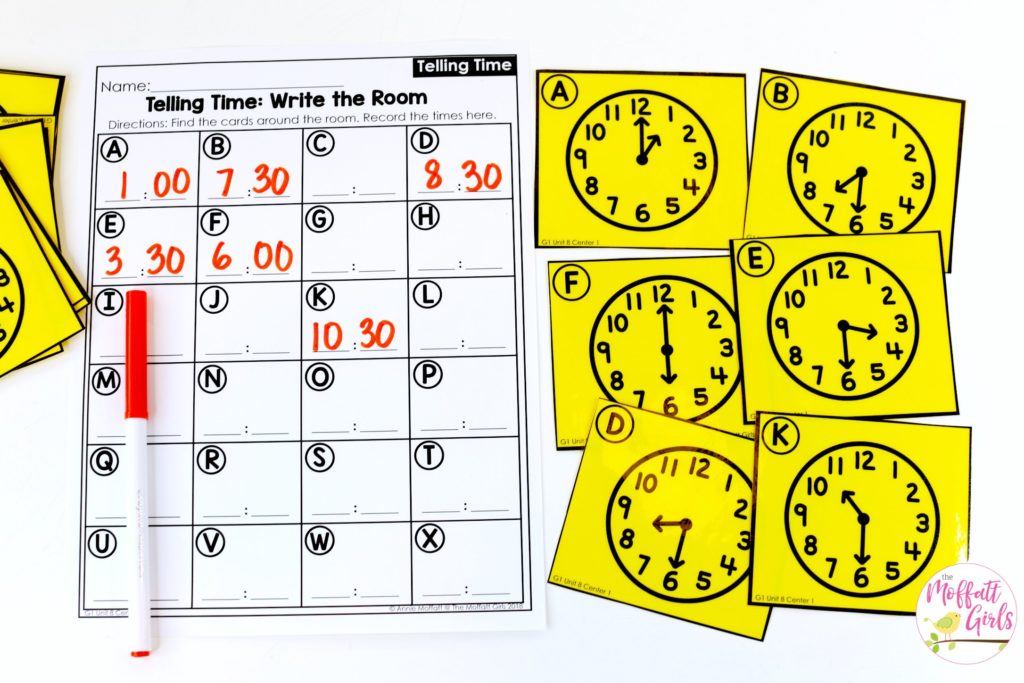 Telling Time: Write the Room.  Teaching time to the half hour in First Grade is be fun and engaging with these hands-on math centers and practice sheets!