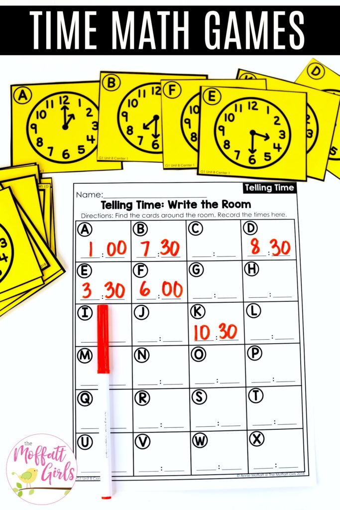 Telling Time: Write the Room.  Teaching time to the half hour in First Grade is be fun and engaging with these hands-on math centers and practice sheets!