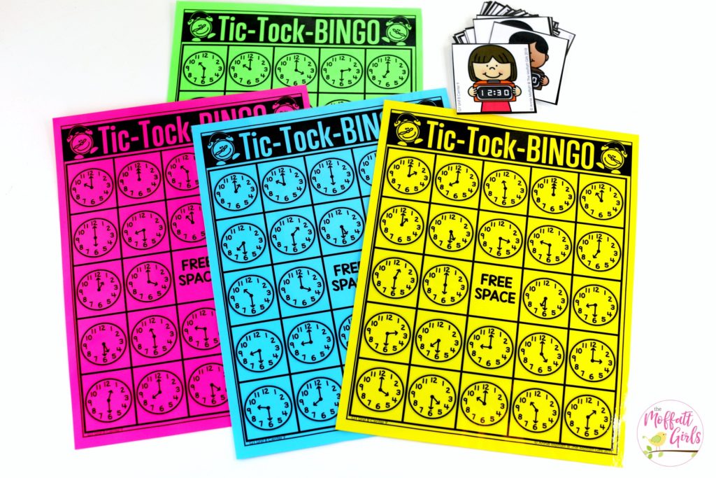 Tic Tock Bingo- Teaching time to the half hour in First Grade is be fun and engaging with these hands-on math centers and practice sheets for 1st Grade!
