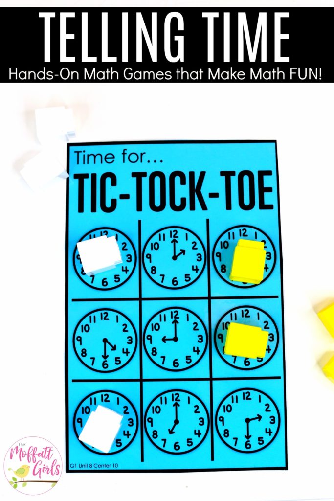Tic-Tock-Toe, three in a row- Teaching time to the half hour in First Grade is be fun and engaging with these hands-on math centers and practice sheets for 1st Grade!