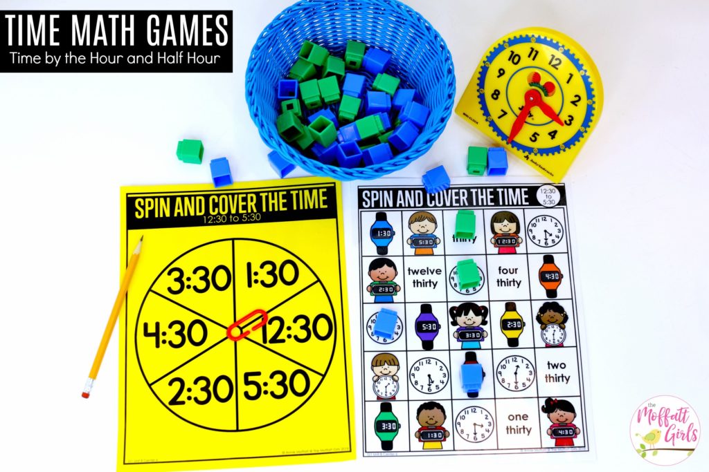 Spin and Cover the Time- Teaching time to the half hour in First Grade is be fun and engaging with these hands-on math centers and practice sheets for 1st Grade!