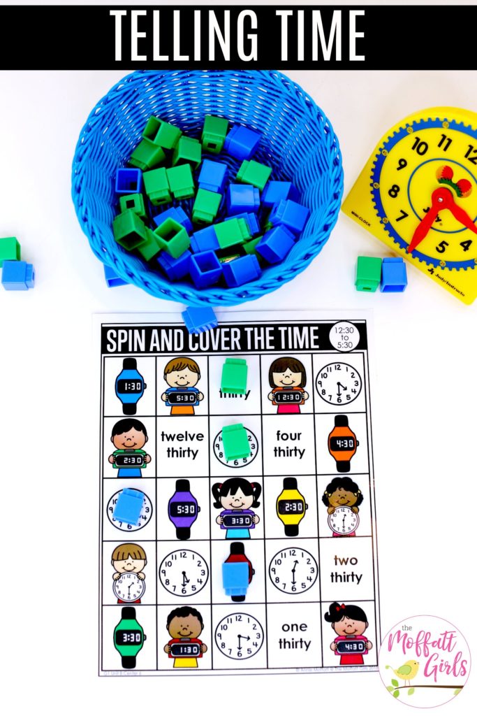 Spin and Cover the Time- Teaching time to the half hour in First Grade is be fun and engaging with these hands-on math centers and practice sheets for 1st Grade!
