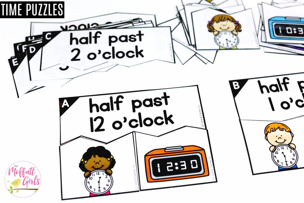 Time Puzzles- Teaching time to the half hour in First Grade is be fun and engaging with these hands-on math centers and practice sheets for 1st Grade!