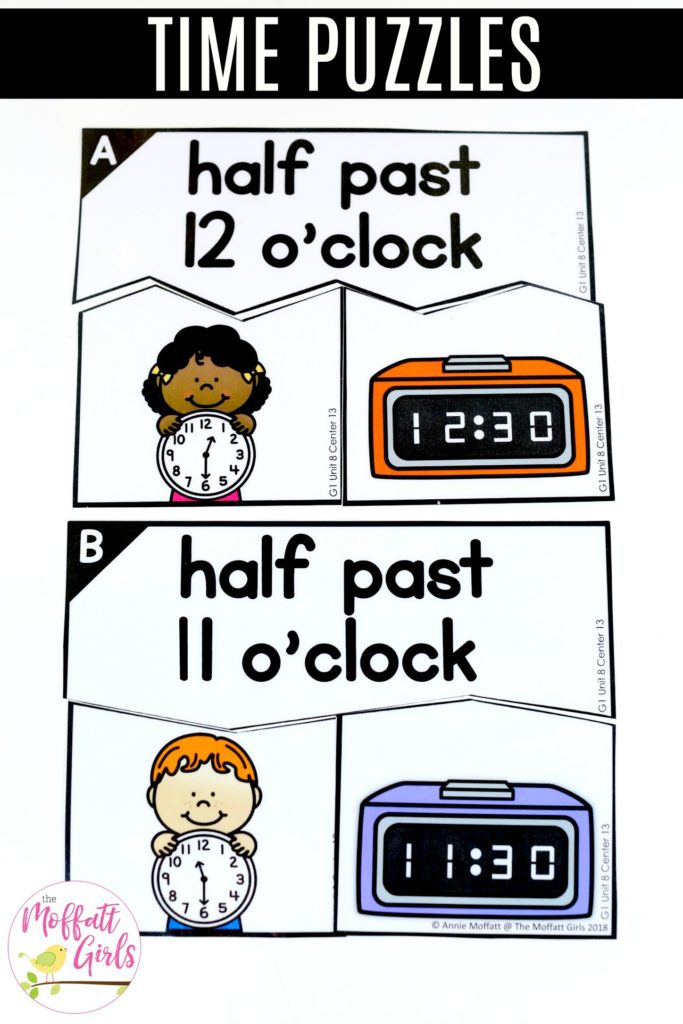 Time Puzzles- Teaching time to the half hour in First Grade is be fun and engaging with these hands-on math centers and practice sheets for 1st Grade!
