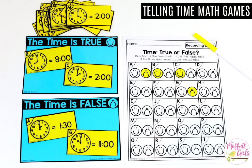Telling Time: True or False? Teaching time to the half hour in First Grade is be fun and engaging with these hands-on math centers and practice sheets for 1st Grade!