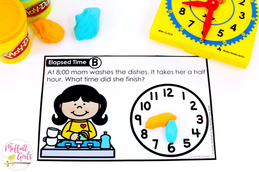 Elapsed Time Word Problems- Teaching time to the half hour in First Grade is be fun and engaging with these hands-on math centers and practice sheets for 1st Grade!