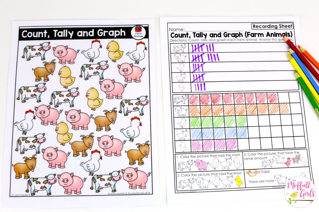Count, Tally and Graph- Graphing Games for First Grade! Hands-on math centers and No Prep Pages!