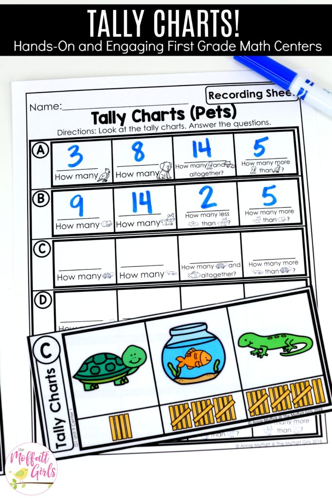 Teaching about Tally Charts in 1st Grade with fun hands-on math centers!  Graphs and data made fun!