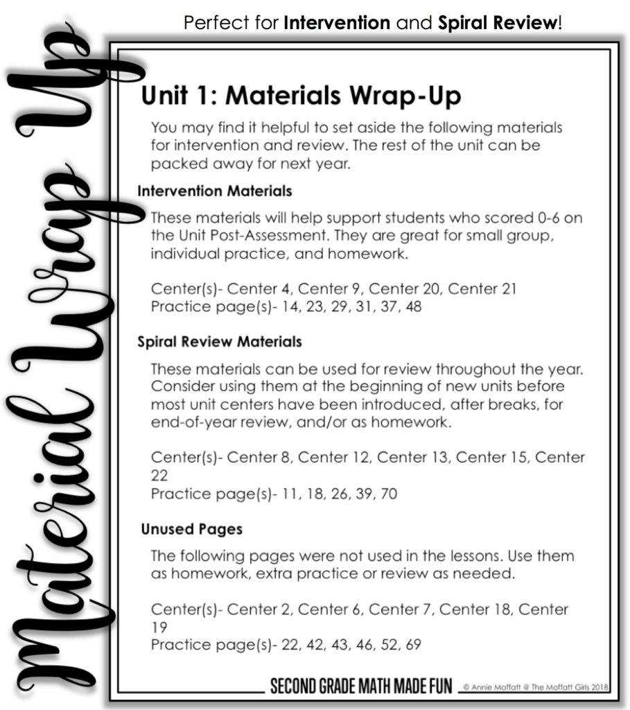 Easy-to-follow Material Wrap-Up for Unit 1 in the Math Made Fun Curriculum for 2nd Grade