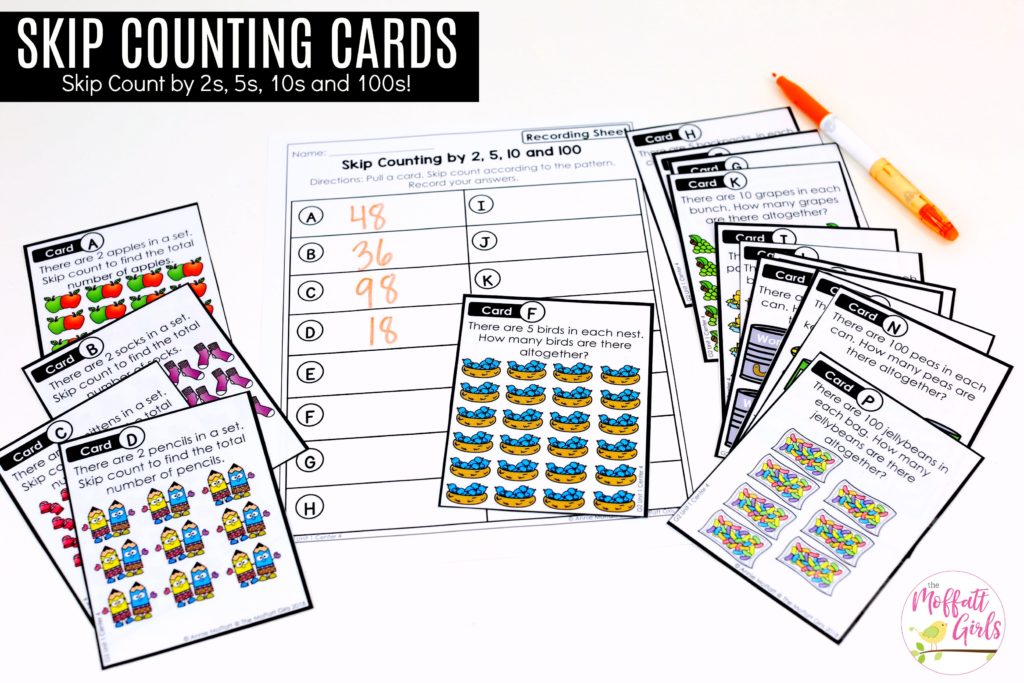 Skip Counting Cards- skip count by 2s, 5s, 10s and 100s with these fun cards. These allow students to visually see the quantities as they are practicing skip counting in 2nd grade!