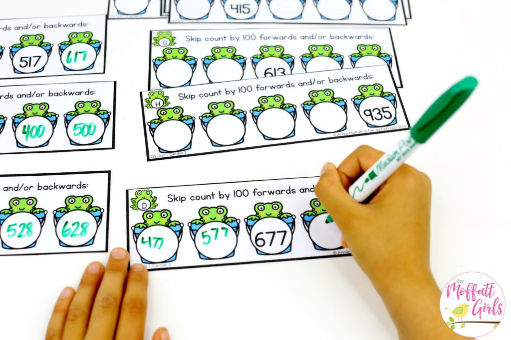 Skip Counting Frogs- Practicing skip counting by 100s made fun! Laminate and use a dry erase marker for multiple use.