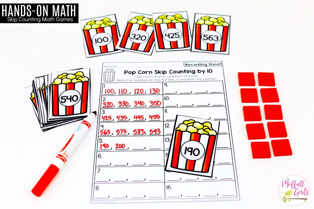 Pop Corn Skip Counting by 10s- fun math center for second grade!