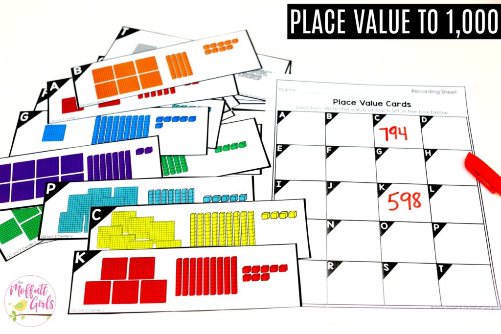 Place Value Cards- Count the base ten cubes and write the value in standard form. Tons of fun place value math centers for Second Grade!