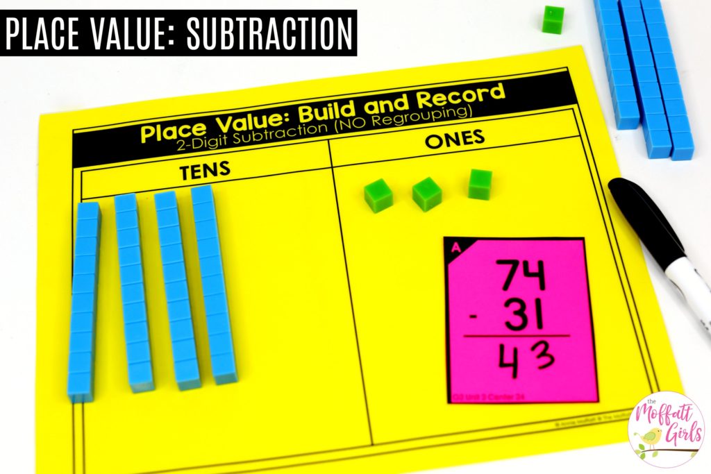 Place Value: Subtraction- Place Value Build and Record with base ten blocks. Fun math centers to teach place value in Second Grade!