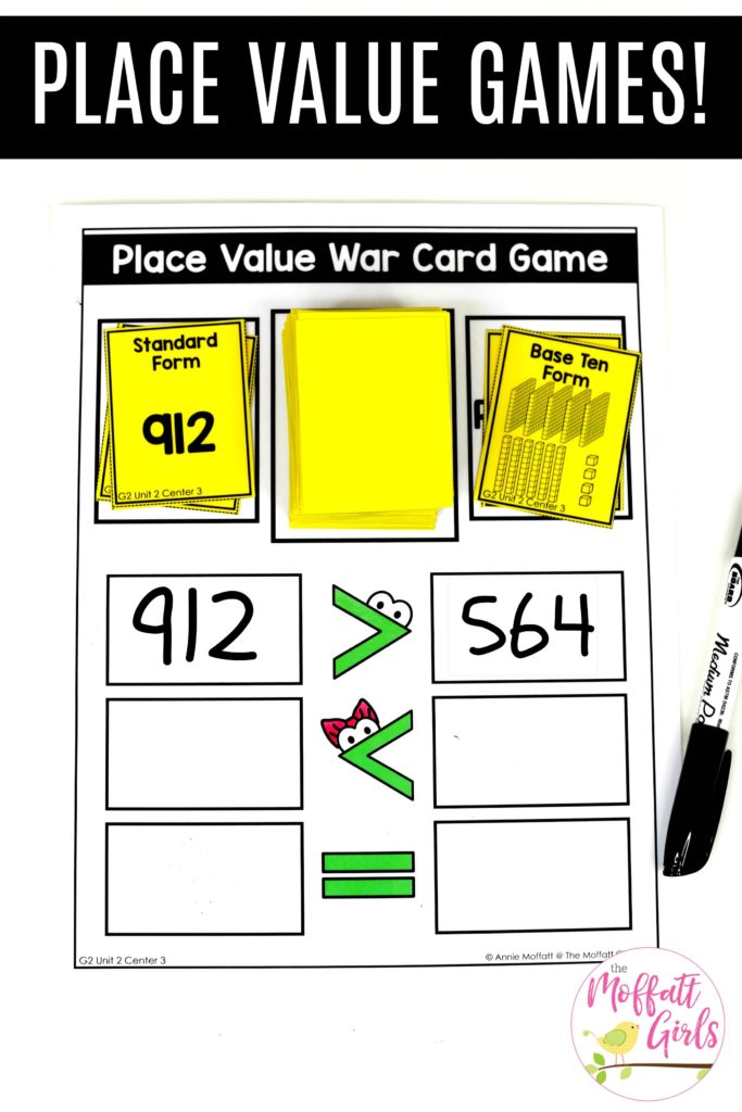 Place Value War Game- Flip a card, read or count the value and compare the numbers. Tons of fun math centers to teach place value in Second Grade!
