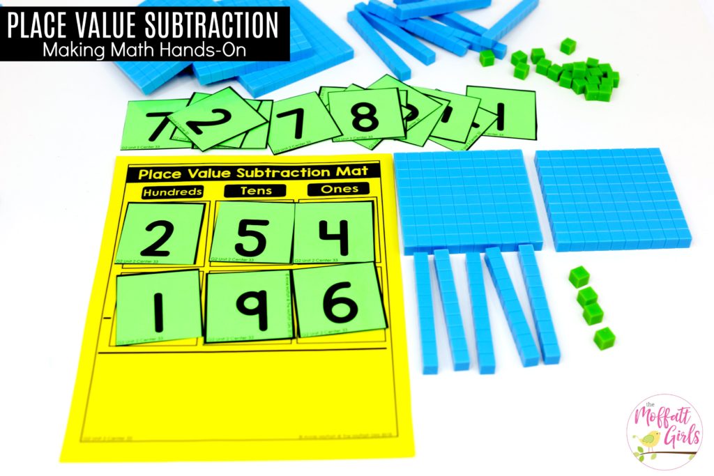 Place Value Subtraction Mat- Teach regrouping with base ten cubes! Fun math centers to teach place value in Second Grade!