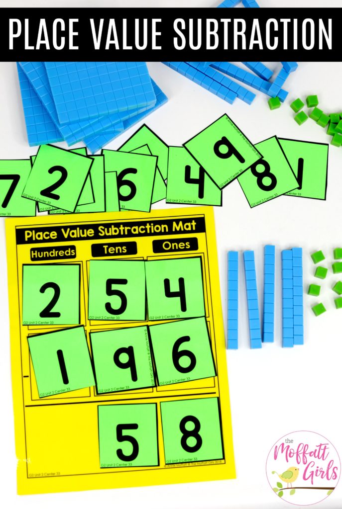 Place Value Subtraction Mat- Teach regrouping with base ten cubes! Fun math centers to teach place value in Second Grade!