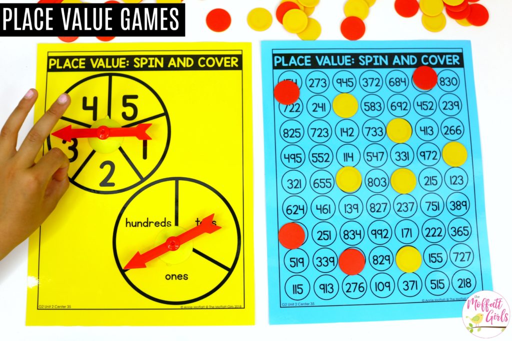 Place Value: Spin and Cover- spin both spinners and cover a number that has the digit in the correct place value. Fun math center for second grade!