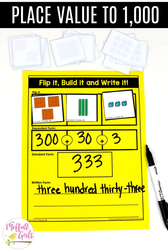 Flip it, Build it and Write it- place value math center to teach base ten blocks, expanded form and word form for numbers up to 1,000 in 2nd grade!