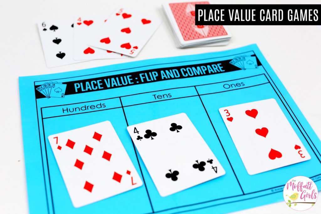 Place Value: Flip and Compare- With a partner, flip 3 cards each. Compare the numbers. Tons of fun math centers to teach place value in Second Grade!