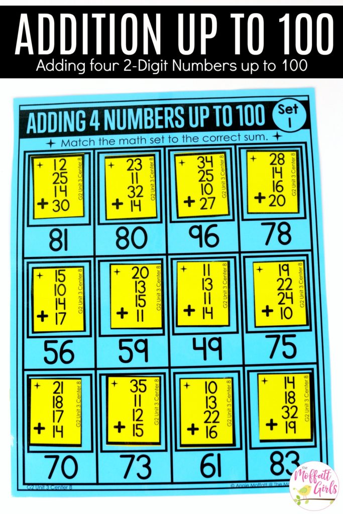 Match it Up Math Facts- Adding 4 numbers up to 100. Fun way to practice Addition up to 100 in Second Grade!