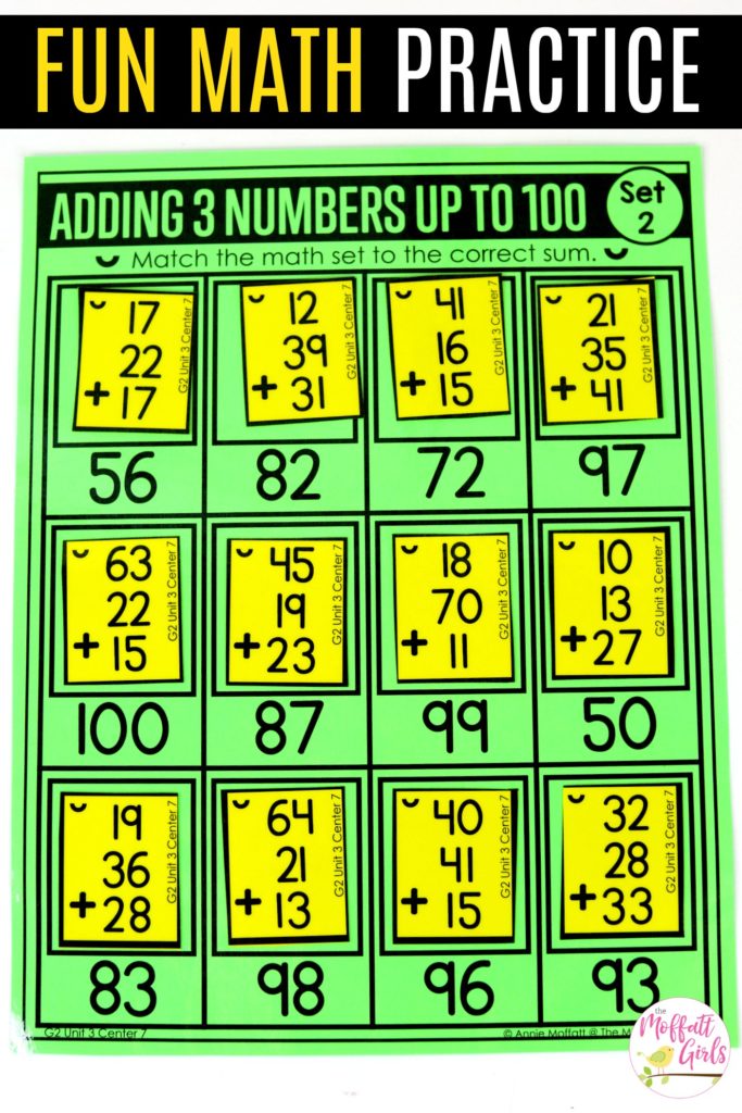 Match it Up Math Facts- Adding 3 numbers up to 100. Fun way to practice Addition up to 100 in Second Grade!