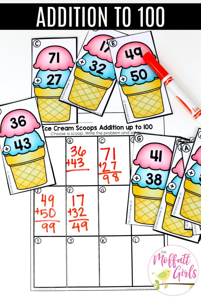 Ice Cream Scoops Addition- a fun way to practice addition up to 100 in 2nd grade!