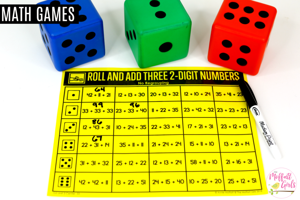 Roll and Add Three 2-Digit Numbers- Fun Math Games to build fact fluency in 2nd grade!