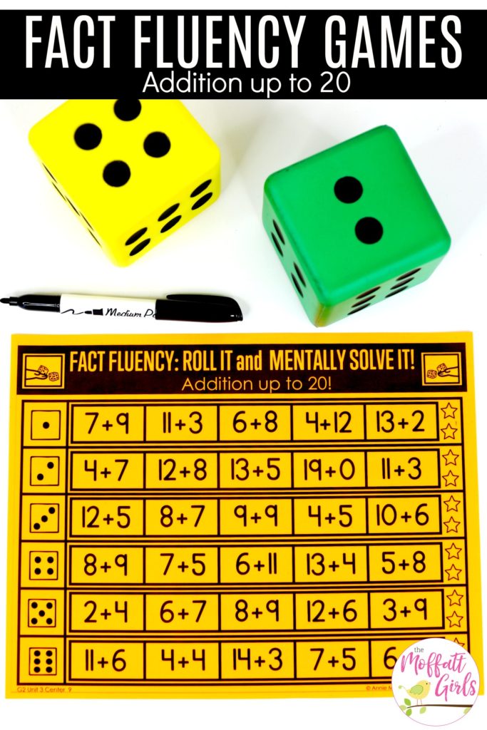 Fact Fluency Games- Roll it and Mentally Solve it: Addition up to 20! Fun math game to teach addition fluency in Second Grade!