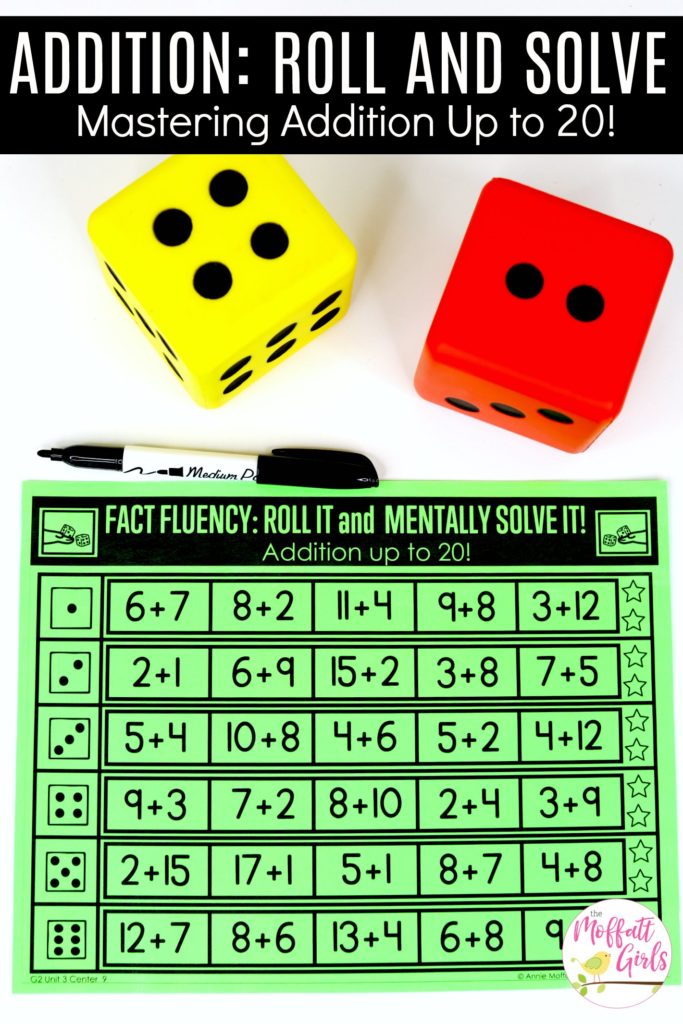 Roll it and Mentally Solve it- Addition up to 20! Fun math game to teach addition fluency in Second Grade!