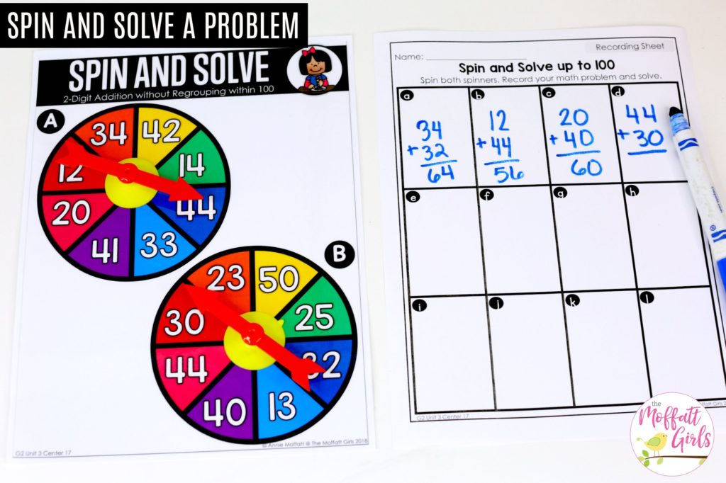 Spin and Solve an Addition Problem- a fun way to practice addition up to 100 in second grade!
