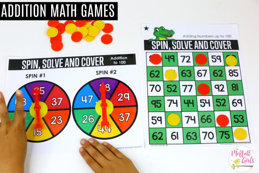 Spin, Solve and Cover- fun math center game to practice addition and subtraction in second grade!