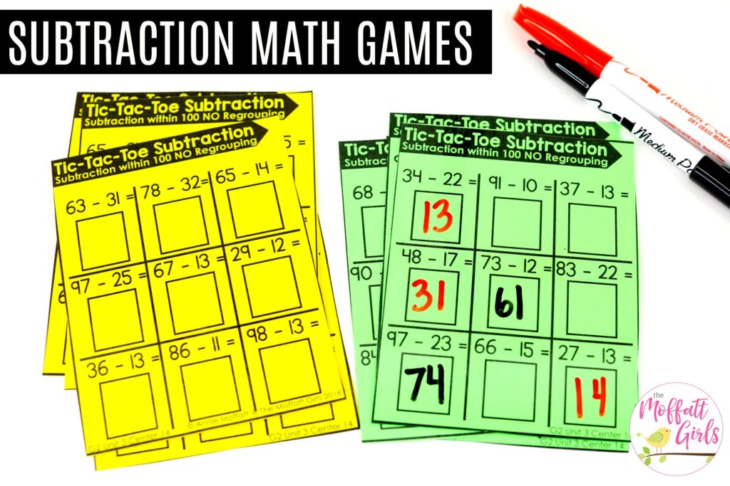 Tic-Tac-Toe Subtraction: a fun math game to build subtraction skills up to 100 in second grade!