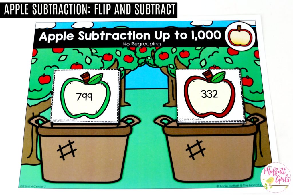 Apple Subtraction: Flip and Subtract- Tons of hands-on math centers and games to teach addition and subtraction with 2-digit and 3-digit numbers!