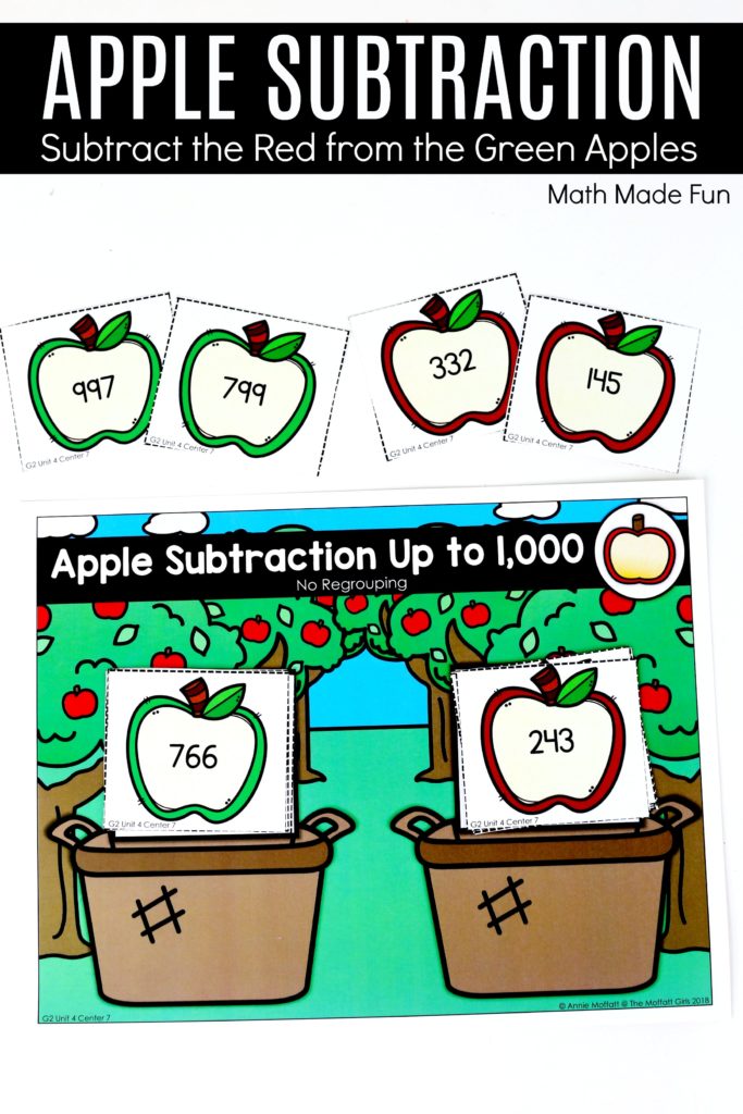 Apple Subtraction- Tons of hands-on math centers and games to teach addition and subtraction with 2-digit and 3-digit numbers!