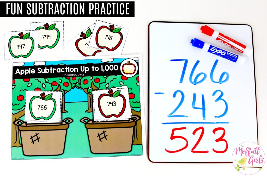 Apple Subtraction up to 1,000- Tons of hands-on math centers and games to teach addition and subtraction with 2-digit and 3-digit numbers!