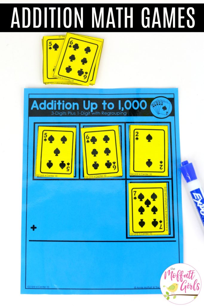 Addition Math Games- Flip cards and add. Tons of hands-on math centers and worksheets to teach addition and subtraction with 2-digit and 3-digit numbers!