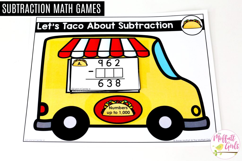 Let's Taco About Subtraction- Tons of hands-on math centers and games to teach addition and subtraction with 2-digit and 3-digit numbers!