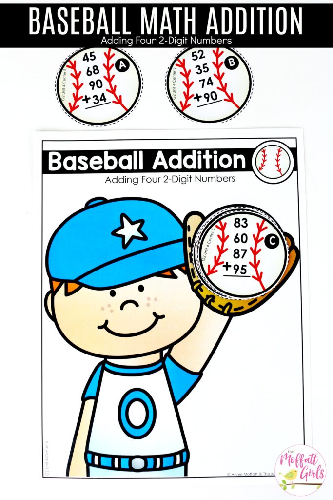 Baseball Math Addition- Addition with four 2-digit numbers. Tons of hands-on math centers and games to teach addition and subtraction with 2-digit and 3-digit numbers!